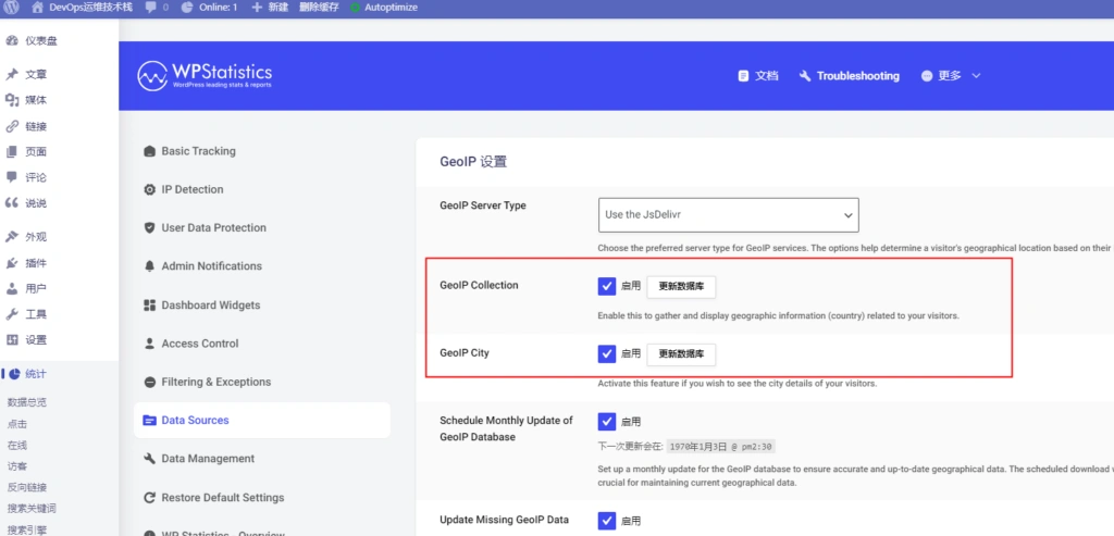 处理WP Statistics无法启用Geoip国家和城市的选项